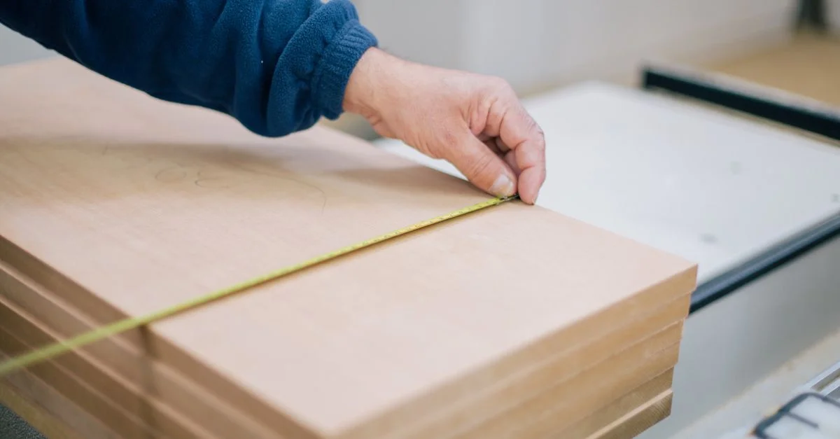 Gros plan sur la main d'un menuisier utilisant un mètre ruban pour mesurer des planches en bois à l'intérieur.