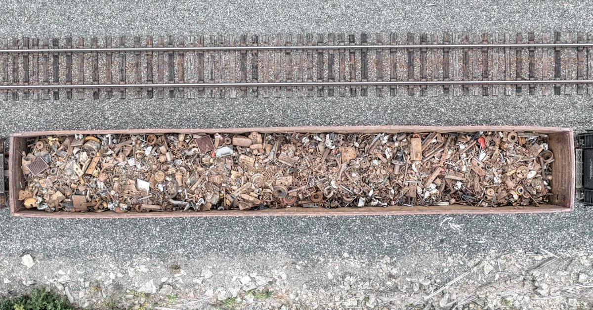 Une vue aérienne d'un train de marchandises transportant des déchets métalliques rouillés le long des rails.