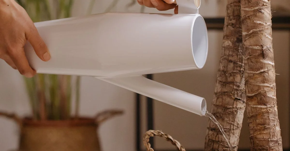 Une personne arrosant une plante en pot à l'intérieur avec un arrosoir blanc élégant.