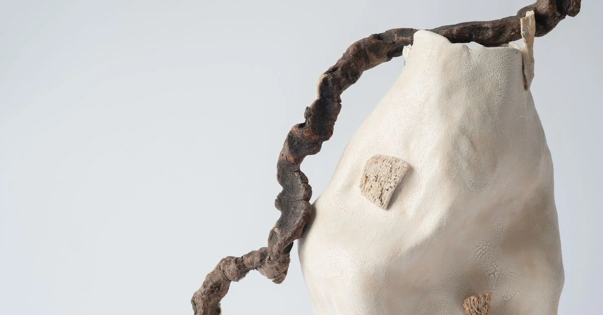 Vue rapprochée d'un vase en céramique avec une branche en bois texturée pour une esthétique minimaliste.