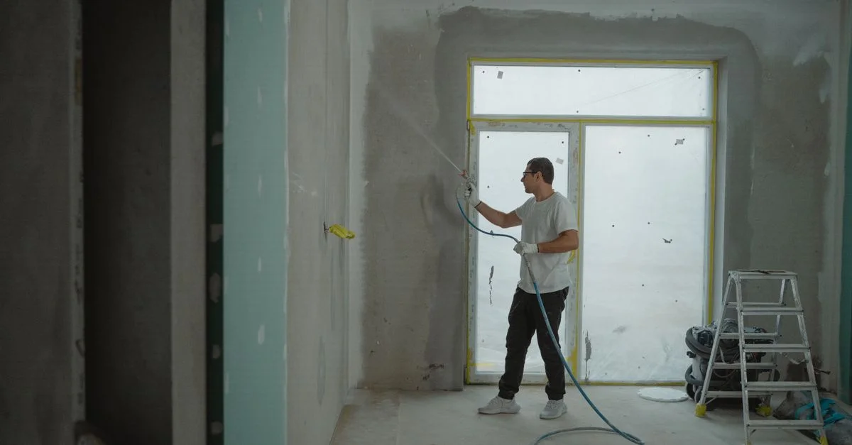 Un homme pulvérise de la peinture sur un mur tout en rénovant une pièce intérieure avec du matériel professionnel.